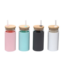 New designed 550ml silicone glass coffee cups glass mug with bamboo lid